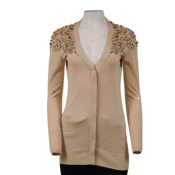 Escada Womens Cardigan Medium Beige Tan Gold Cashmere Beaded Embroidered - Picture 1 of 16
